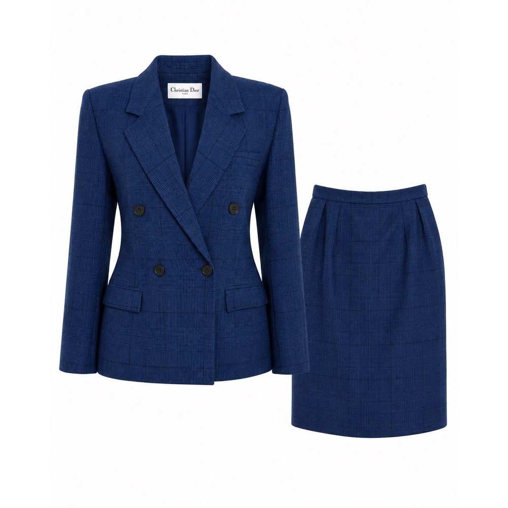 Christian Dior The Suit Vintage Blue Glen Plaid Skirt Set Double Breasted Size 8